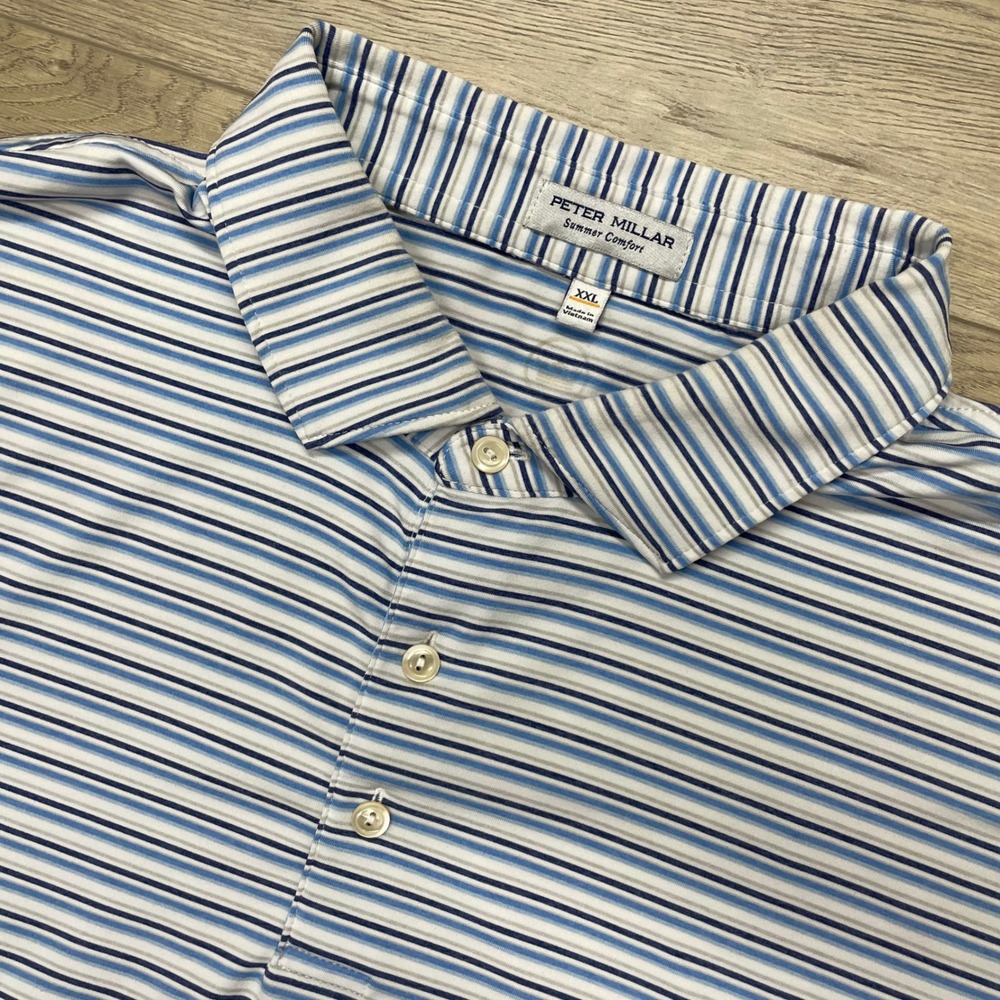 Peter Millar Polo Shirt Mens XXL Blue White Striped Performance MF24EK25S